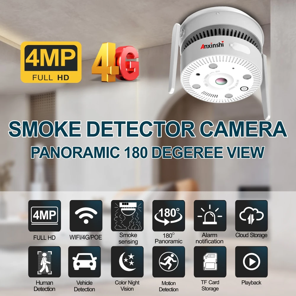 4G/WIFI/POE Smoke Detector Camera Panoramic 180 Degree  with Night Vision for Warehouse  Kitchen Restaurant  Spy Smoking