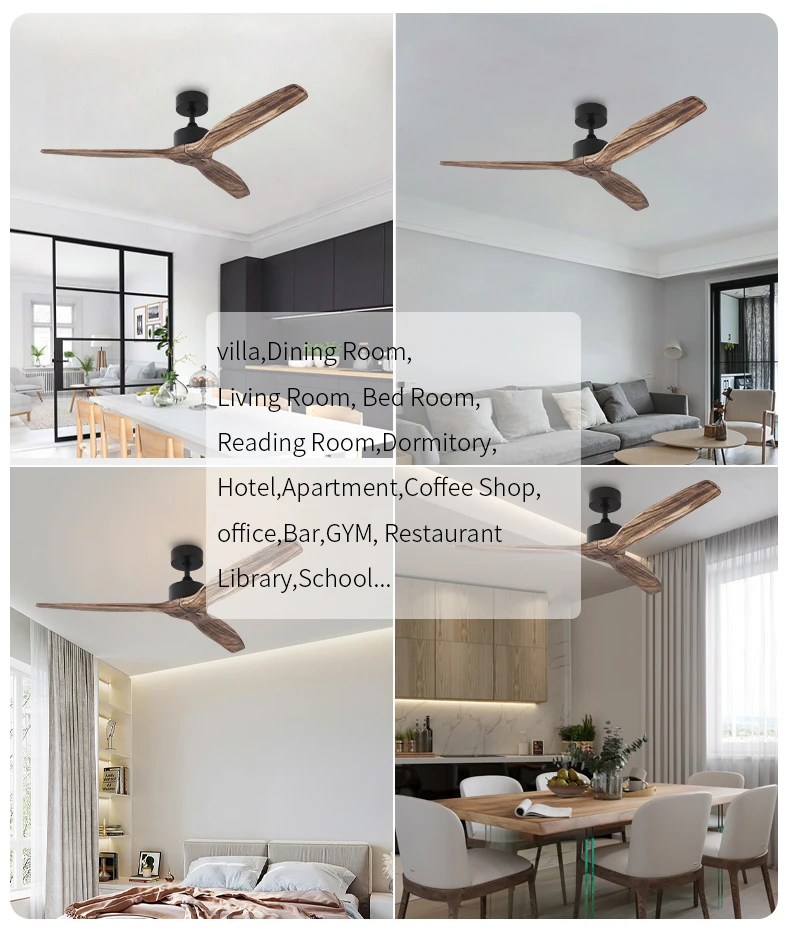 52'' Natural Solid Wood Three Blades Ceiling Fan Matte Black 110v 220v 