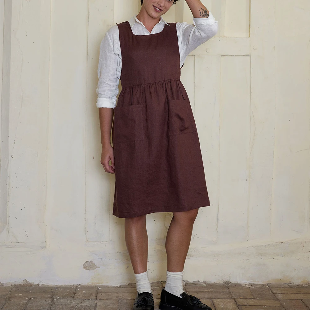 Factory New Design Women Casal Dresses Custom Logo Design Solid Color  Cotton Linen Ladies Apron Dress