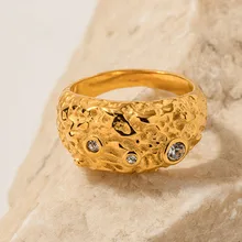 Wholesale Custom 18K Gold Plated Stainless Steel Rings for Women Irregular Surface Design Textured Wedding Jewelry