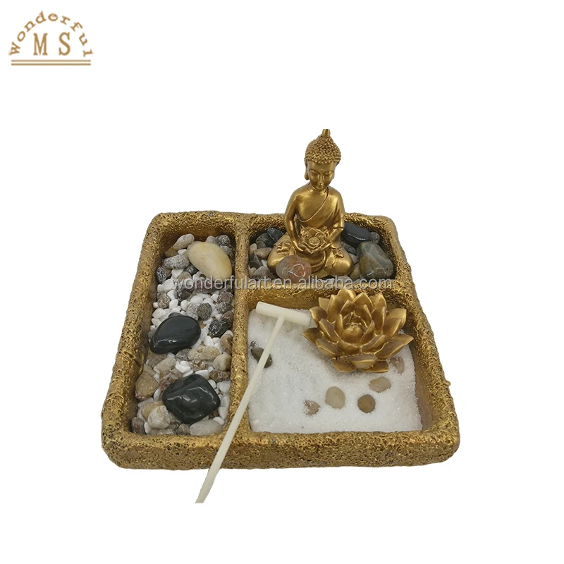 Resin zen buddha sand garden box kit religious sitting statue with sand rock home decoration office desktop
