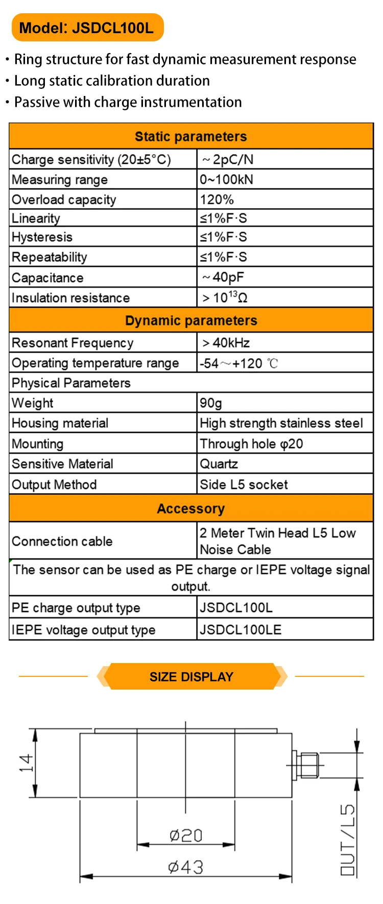 JSDCL100L Fast Response Circular One-Way Measurement Charge PE Signal Piezoelectric Force Sensor supplier