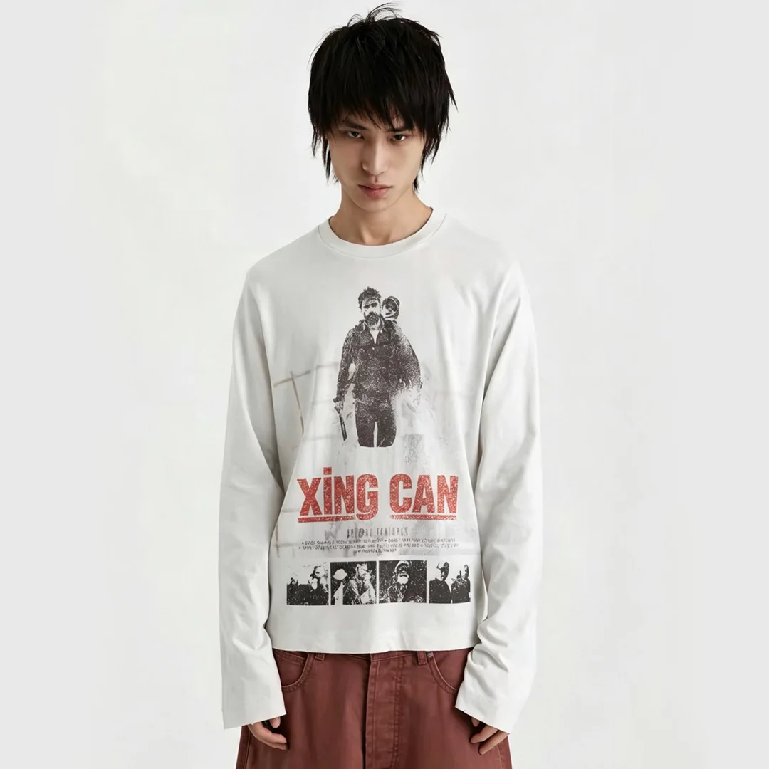Aangepas mans vintage beskadigde DTG digitale druk kort-geknipte crewneck langmou-borsie van katoen, oorverdruk, hoë straat styl, langmou