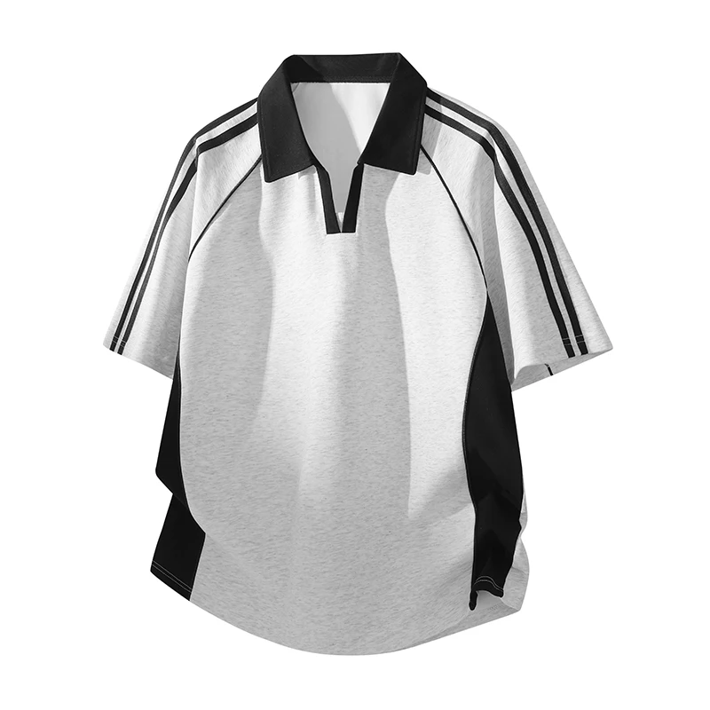 63.6% Polyester, 36.4% Cotton. Color-blocked collar, three-stripe casual short-sleeved men's shirt. Anti-pilling print.
