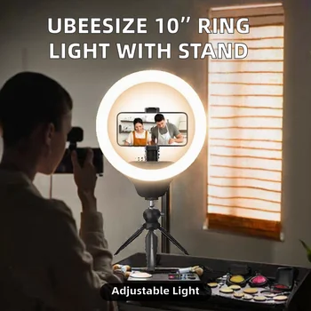 UBeesize 10-Inch Aluminum Selfie Ring Light Tripod Stand with Phone Holder Dimmable LED for Makeup Live Streaming (iOS/Android) detail image