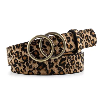 Simple Women Double Ring Gold Buckle Fashion Belt Ladies Pu Waist Belt Leopard Print Wide Leather Belts For Wholesale
