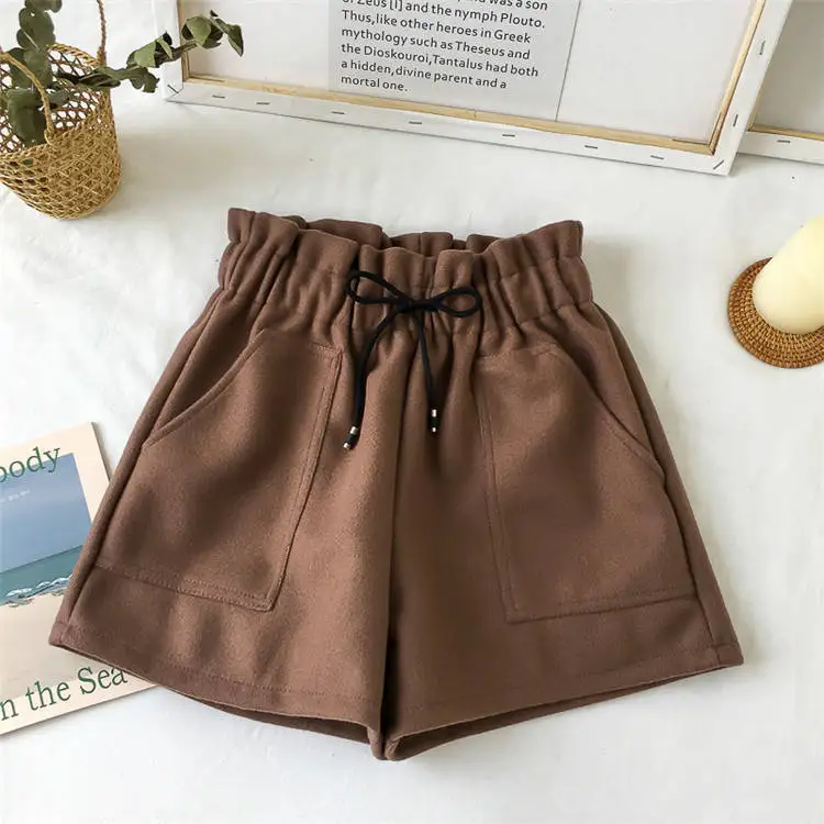 2021 New Fashion Women Girls Solid Color Elastic waist Korean Thicken High Waist Wide Leg Straight Trousers Loose Casual Shorts