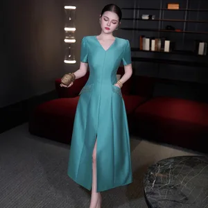 Factory Wholesale 2026 Spring Summer Women's Elegant V-neck Handmade Beaded High Waist Office Ladies Mid-length Split Dress