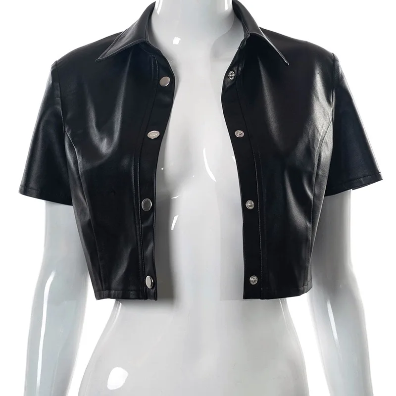 Black PU Leather Button Up Short Sleeve Crop Top T Shirt Women Fashion 2021 Streetwear Vintage Clothes