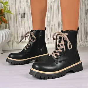 Round-toe Thick-soled PU Boots with Adjustable Side Zipper Women's Fashion Ankle Boots