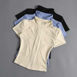 Women's Summer T-Zipper Fitness Tops New Nude Short-Sleeved for Cycling Outdoor Sports Training Lightweight Breathable Yoga Top