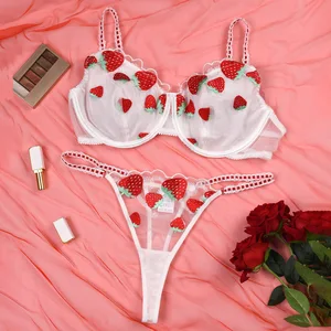 2026 New Arrival Cross-Border Lace Embroidered Strawberry Pattern Women's Bra Sheer Mesh Spandex/Polyester Red White Ribbon Sexy