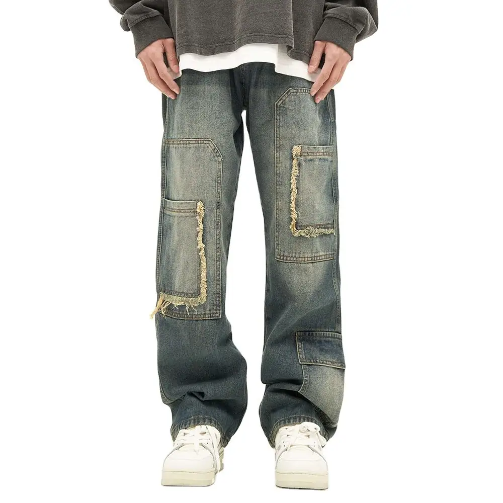 Hot Sale Made Old Retro Washed Pants Jeans Men Pocket Straight Fit Denim  Jeans