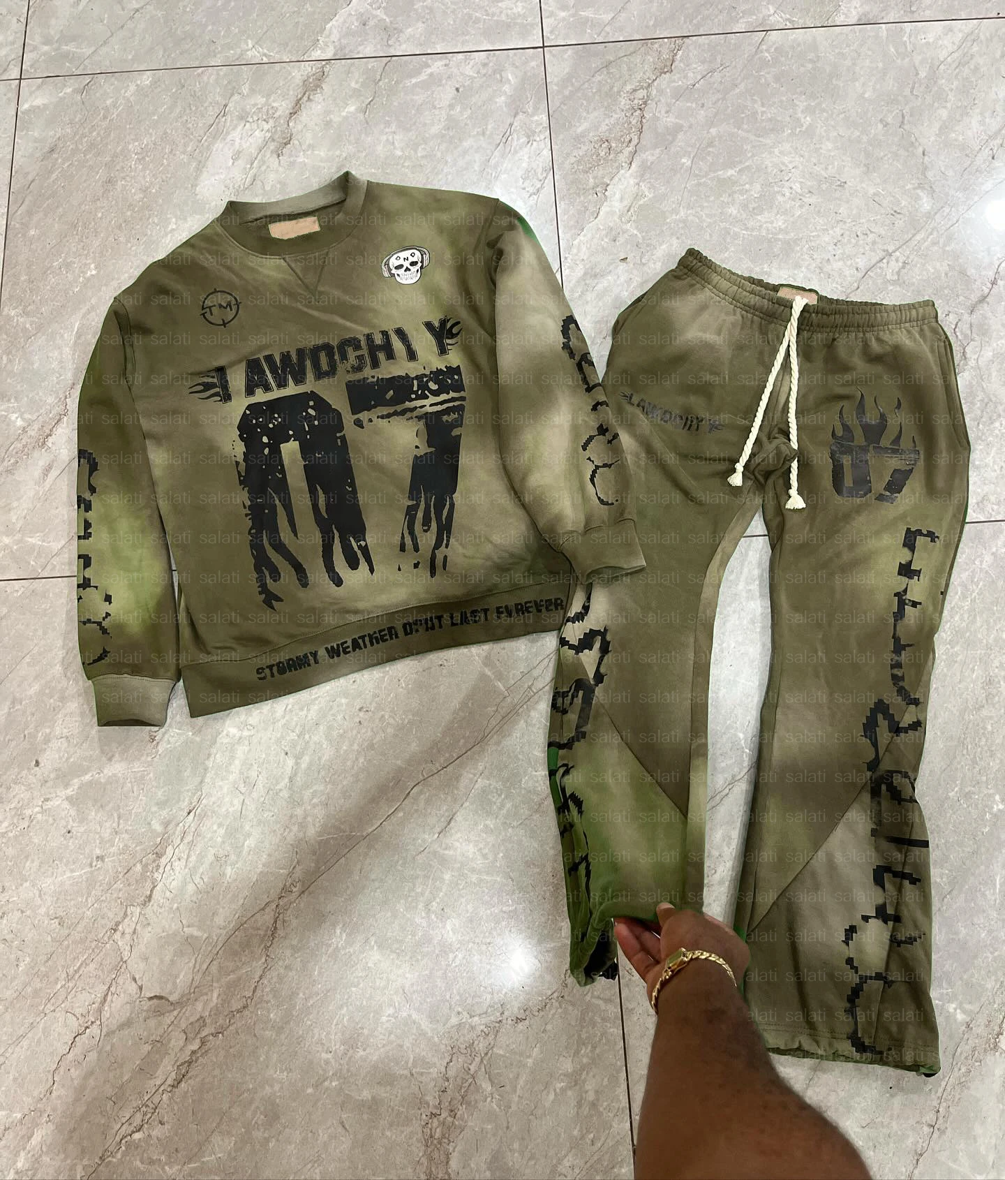 Custom Print Acid Wash Flared Tracksuit Cotton French Terry Sun Faded Sweatsuit Baggy Jogging Suit Sweatshirt and Sweatpants Set gallery 10