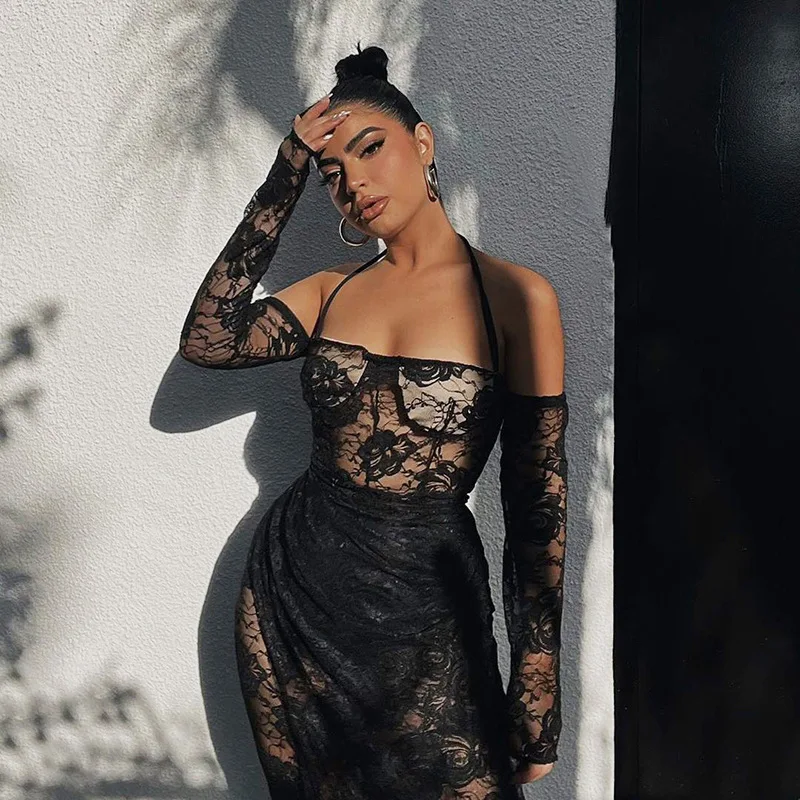 European Style Mesh Design Long Sleeve Black Dress Set 2022 Sexy Girl off Shoulder Tight Waist See Through Lace Dresses