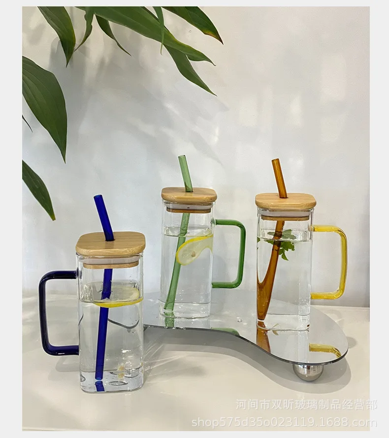 400ml Home Use Square High Borosilicate Glass Straw Cup with Colorful Handle - Perfect for Cold Drinks, Juices, and Milk