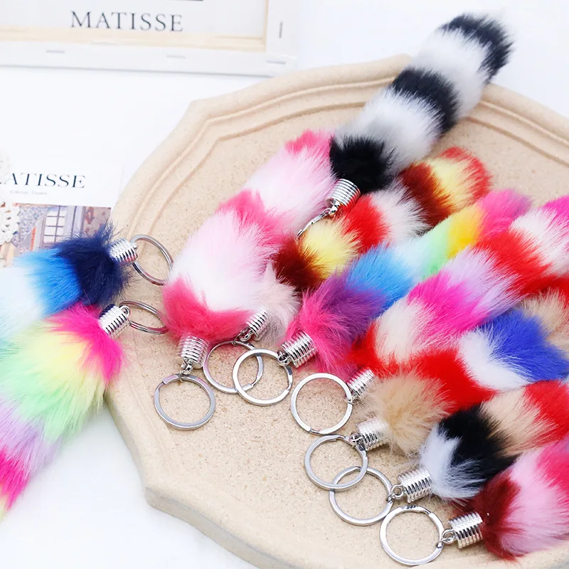 Assorted Color Faux Lucky Rabbit's Foot Key Chains  Plush Multi-color Rainbow Rabbit Foot Keychain Key Rings Handbag Charms