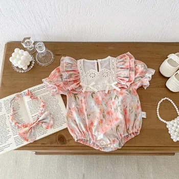 Clothes for babies 2024 Summer new girl floral lace sleeve onesie baby girl short sleeved romper