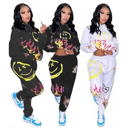 Fashionable Print Hoodies Loose Casual Two Piece Sport Jogging Sets Girls Two Piece Sets