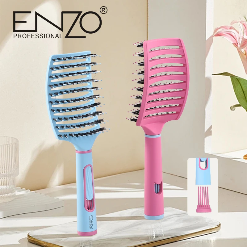 ENZO Pink Nylon Rib Comb Brush Set for Curly Hair - Air Cushion