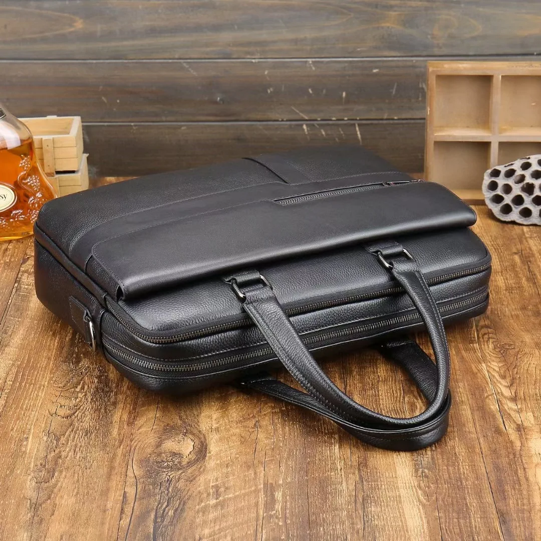 Custom Design Cow Leather Cow Hide 15.6 Inches Case Messenger Business Bag Real Black Pebble Leather Computer Laptop Briefcases