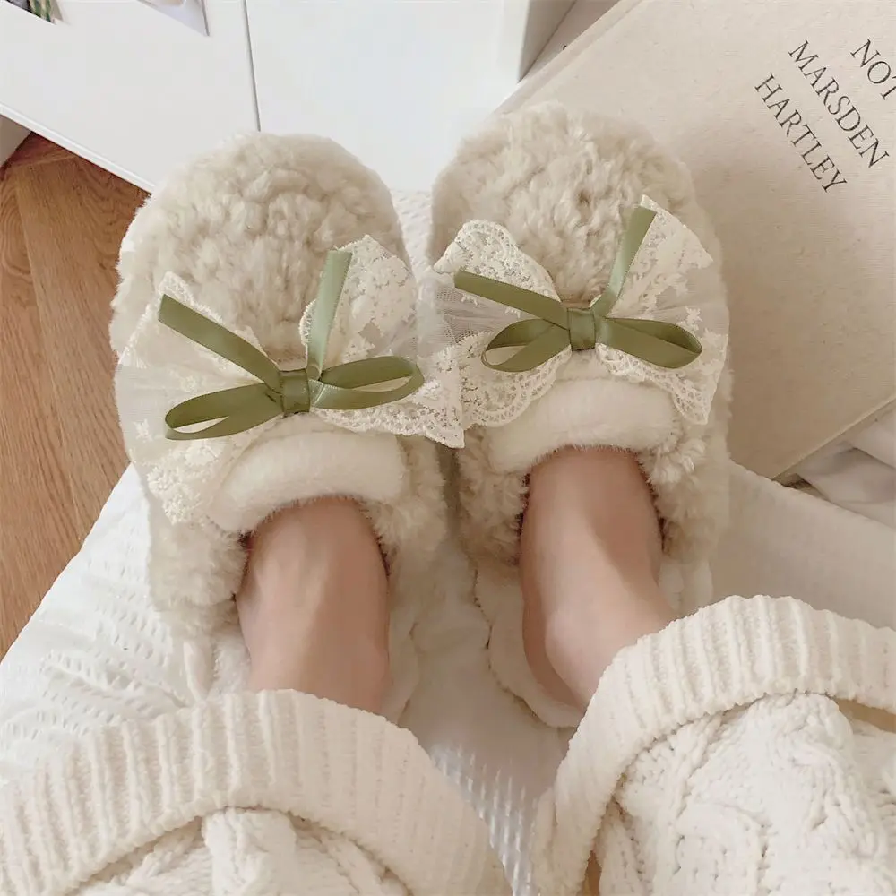Sayoung Artificial Rabbit Fur Closed Toe Sweet Bow Lace slippers for Women Indoor Home  Flush Warm slippers