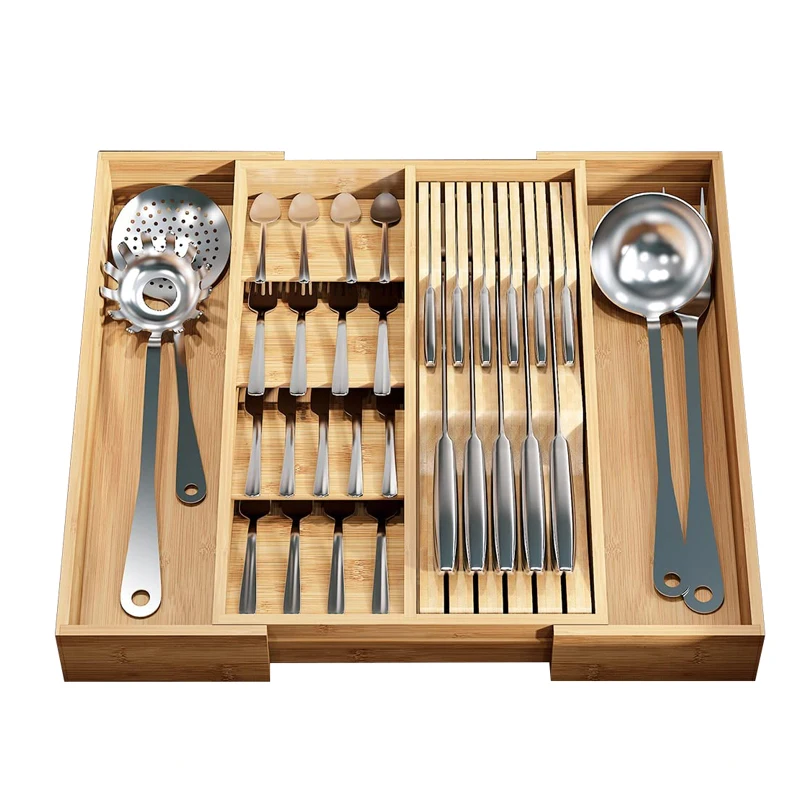 Expandable Bamboo Cutlery Tray Silverware Organizer with Large Knife Blocks for Silverware, Flatware, Knives