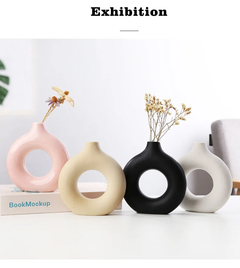 Nordic Ceramic Vase Circular Hollow Donuts Flower Pot Home Living Room ...