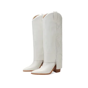 Women's Winter/Spring/Autumn Knee-High Cowboy Boots PU Leather Western Style with Rhinestone Fringe Pointed Toe Fold Over Design