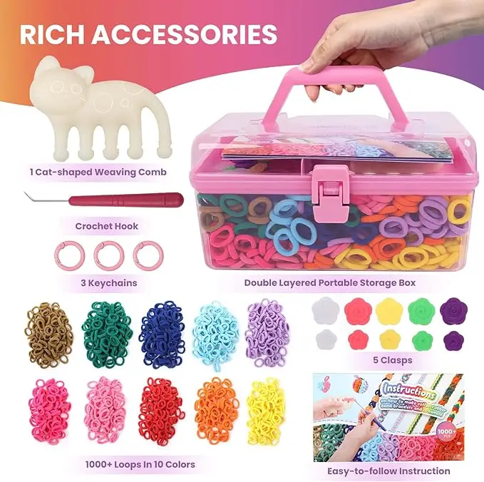 1000+ Colorful Fabric Loops Elastic Cloth Band Bracelet Making Toy Arts and Crafts Kit for Kids Weaving Loom Bracelets Kit