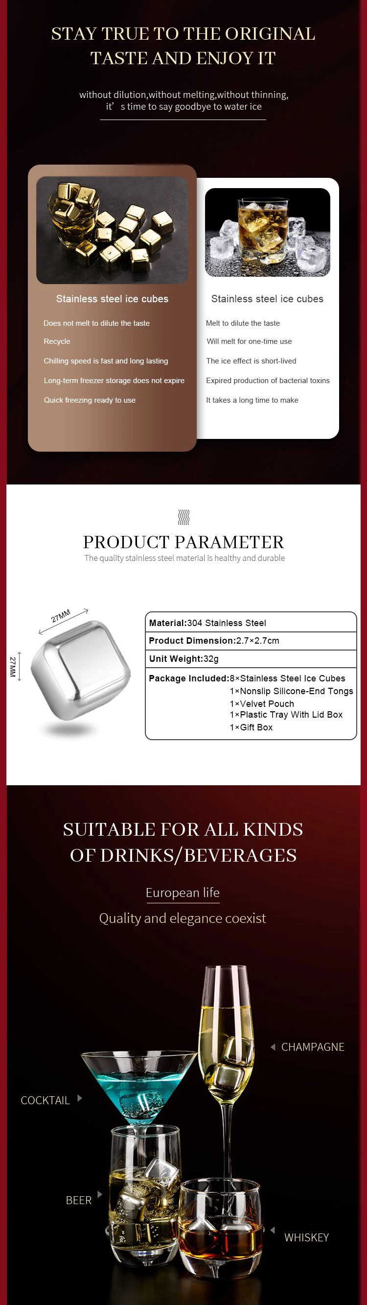 Reusable Whisky Chilling Wine Stones Stainless Steel Ice Cubes Set