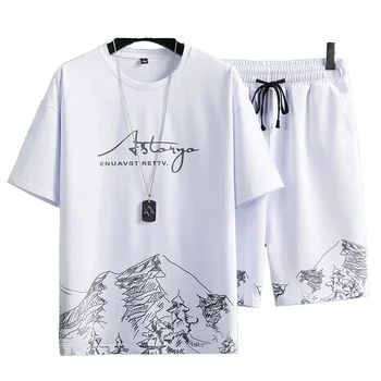 Customized Men's Summer Beach Short Sleeve T-Shirt and Shorts Suit Quick Dry Woven Fabric With Printed Pattern Knitted Sport