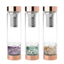 Elixir Filter Screen Stainless Steel Rose Gold Plated Natural Rose Quartz Stone Healing Crystal Infused Glass Water Bottle