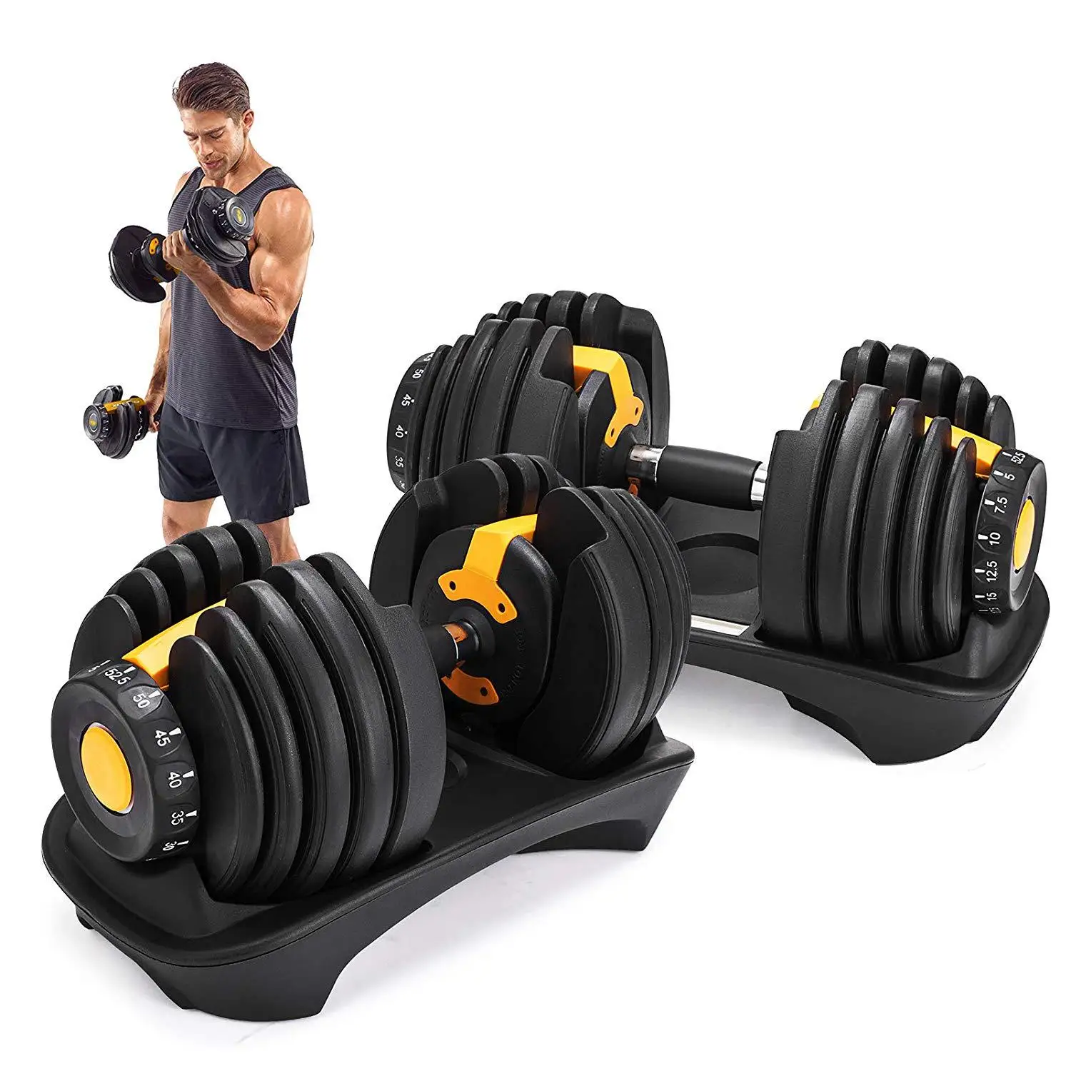 Juego de mancuernas ajustables, mancuernas con esfera de fitness de 52,5  libras, 52lb 90lb con mango y placa de peso para gimnasio en casa