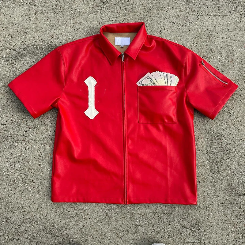 YSJY Custom Distressed Applique Embroidery Pu Leather Shirt