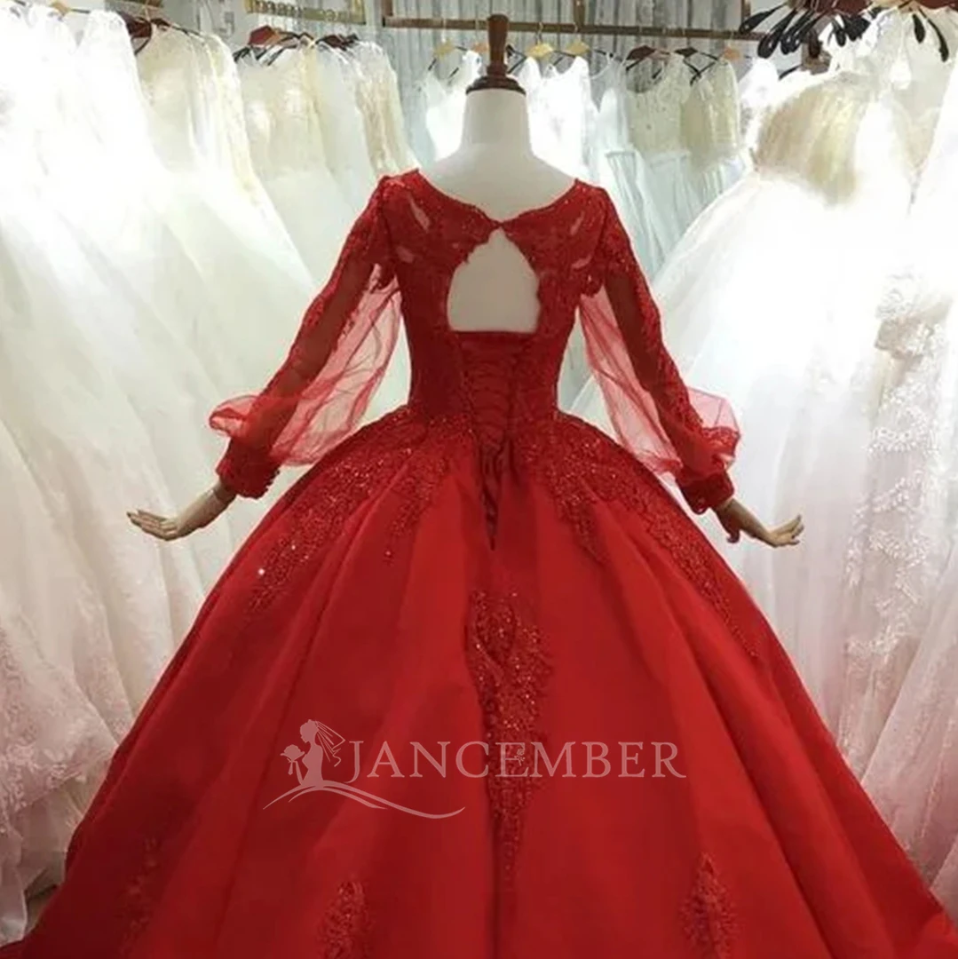 Modest Red Evening Dresses Beading Sequin Satin Ball Gown Prom Dress  Customized Women Wedding Party Dress Lsbh62