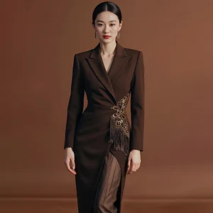 ZYHT 70106 Winter Vintage Designs Formal Uniform Embroidery Butterfly Elegant Ladies Church Career Office Blazer Dress for Women