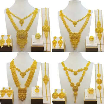 Dubai Gold Plated Jewelry Set Women Necklace Bracelet Earrings Ring Middle East Wedding Fashion Jewelry Sets