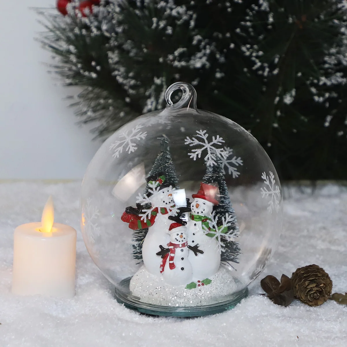 led string light glass hanging round ball christmas snow globe with light christmas glass baubles ornaments