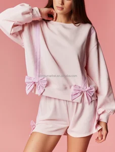 Women 2 Piece Lounge Set Cute Bow Oversized Sweatshirt  Shorts Set Pink Casual Sweatsuit Matching Outfit for Women