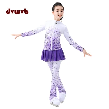 Figure skating competition training sportswear purple print Casual zipper top + pants sports girl suit