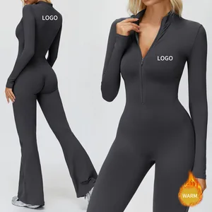 Fall Winter New Women's Long Sleeve Yoga Jumpsuit Slim-Fit Custom Logo Keep Warm Half Zip Wide Leg Sports Fitness Bodysuit