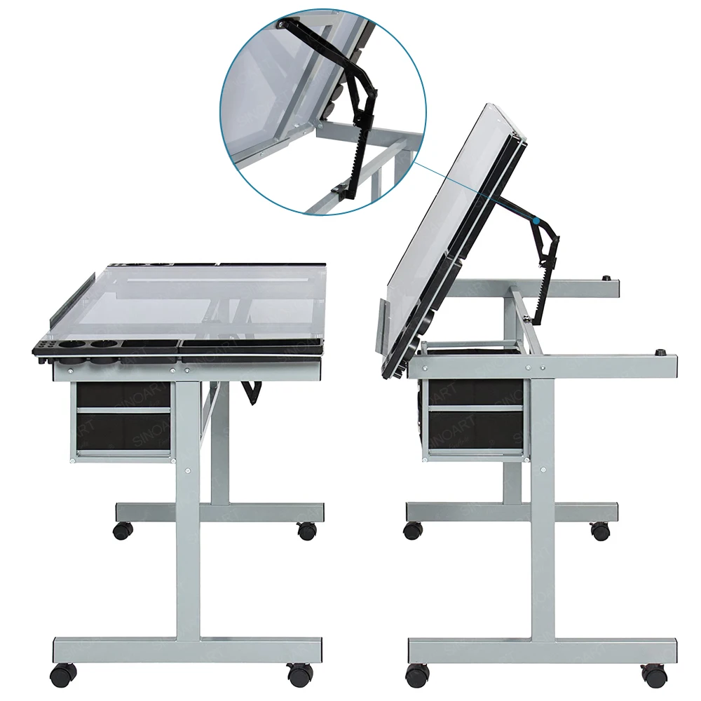 SINOART High Quality Transparent Glass Top Height Adjustable Drawing Table Drafting Table  for School Home Furniture