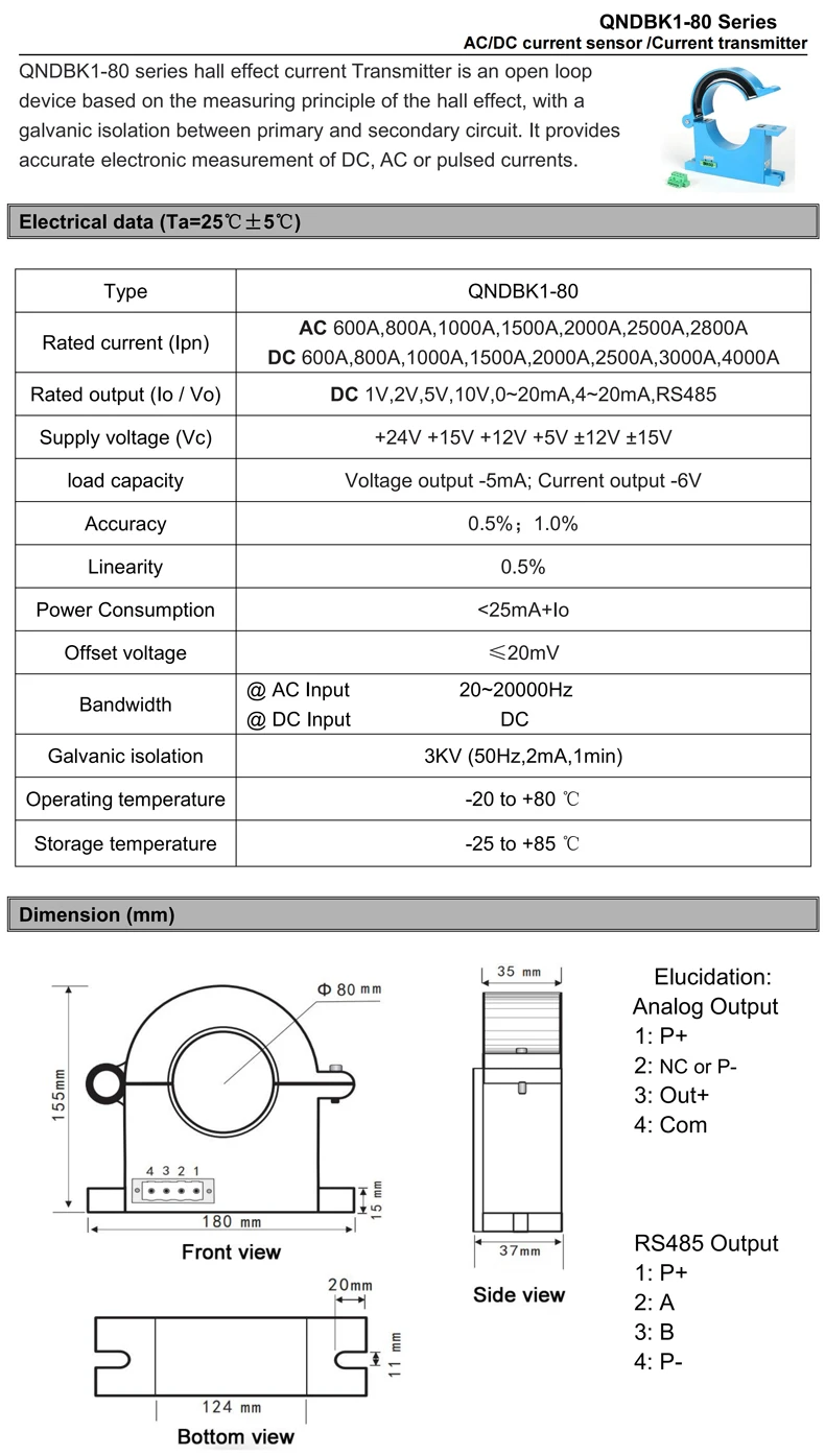 Split Core Current Sensor RS485 Current Transformer Ct Clamp AC DC 20A 30A 50A 100A 200A 300A Hall Effect Current Transducer