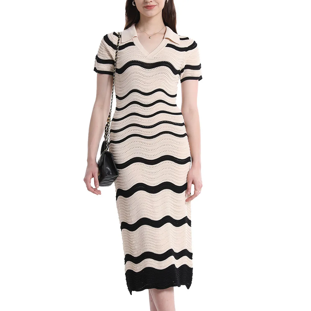 Knit Dress Manufacturer Custom Spring Summer High Low Texture Zigzag Wave Stitch Stripe Sweater Dress
