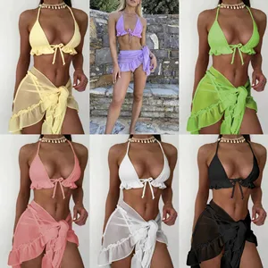 Sexy Three-piece Bikini Set for Women V-neck Triangle Bra Breathable Spandex/Polyester Solid Color Mesh Skirt Beach
