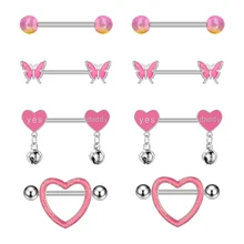 4Pair/Set Personalized Nipple Rings Set Women Pink Oiled Heart-Shaped Bell Stainless Steel Piercing Chest Ring Jewelry Wholesale