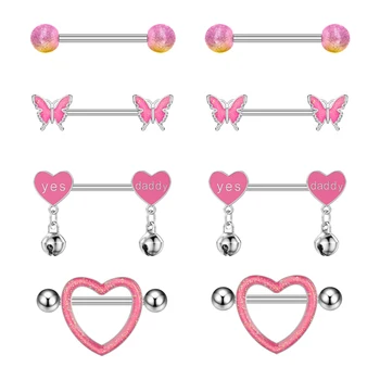 4Pair/Set Personalized Nipple Rings Set Women Pink Oiled Heart-Shaped Bell Stainless Steel Piercing Chest Ring Jewelry Wholesale