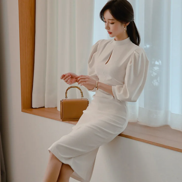 2021 Spring Korean New OL Slim Dress Elegant Stand Collar Solid Color Mid-length Skirt Fashion Retro Bubble Sleeve Velvet Dress