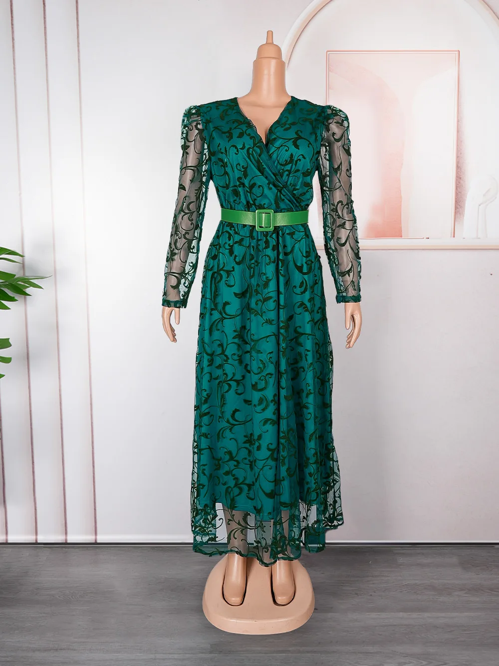 V-Neck Long Sleeve African Satin Maxi Dress Lace Mesh Pleat Flower  Decoration Casual Spring Club Outfits Plus Sizes (XL 3XL)